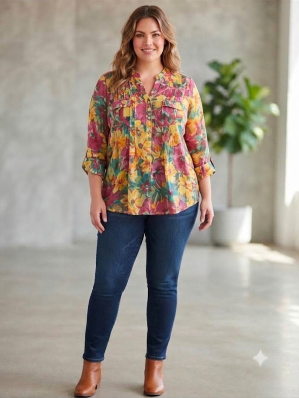 Cocomo Floral Split-Neck Tunic in Yellow, Pink & Teal